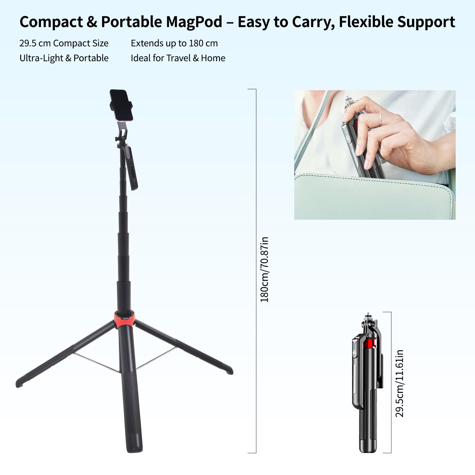 Handy-Stativ mit Ringlicht, 1,8m Aluminium Stativ mit 4-Fuß-Ständer, Bluetooth Fernbedienung, 360° drehbarer Halter, Tragbares Reisestativ für Selfie/Live-Stream/Video (Kompatibel mit Smartphones)