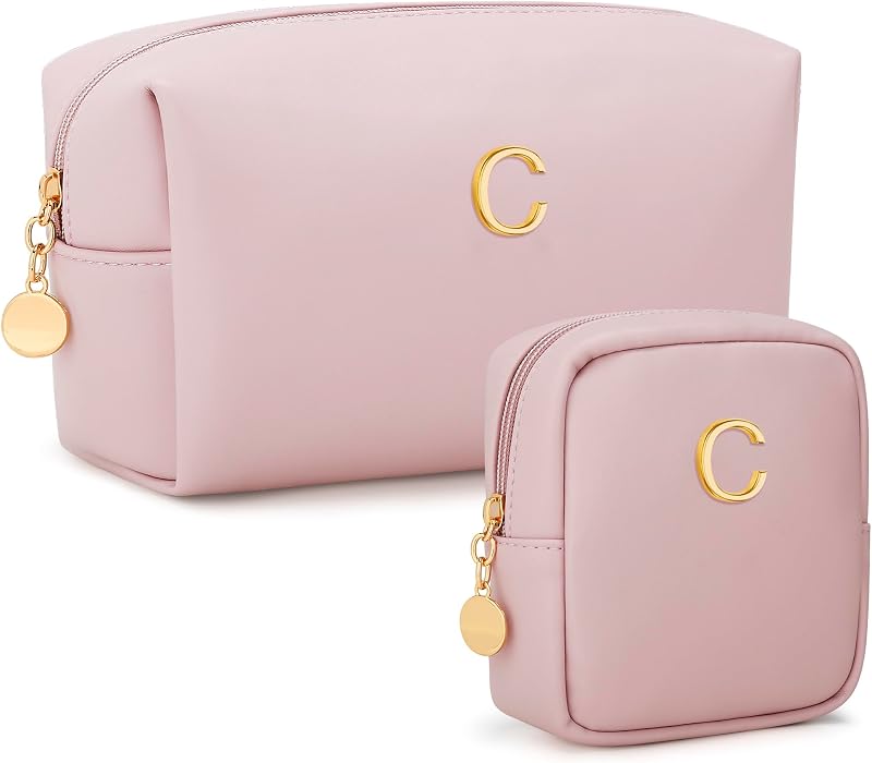 CLOUDWINGS Conjunto de necessaires de maquiagem com inicial personalizada, modelo C, rosa, 2 unidades
