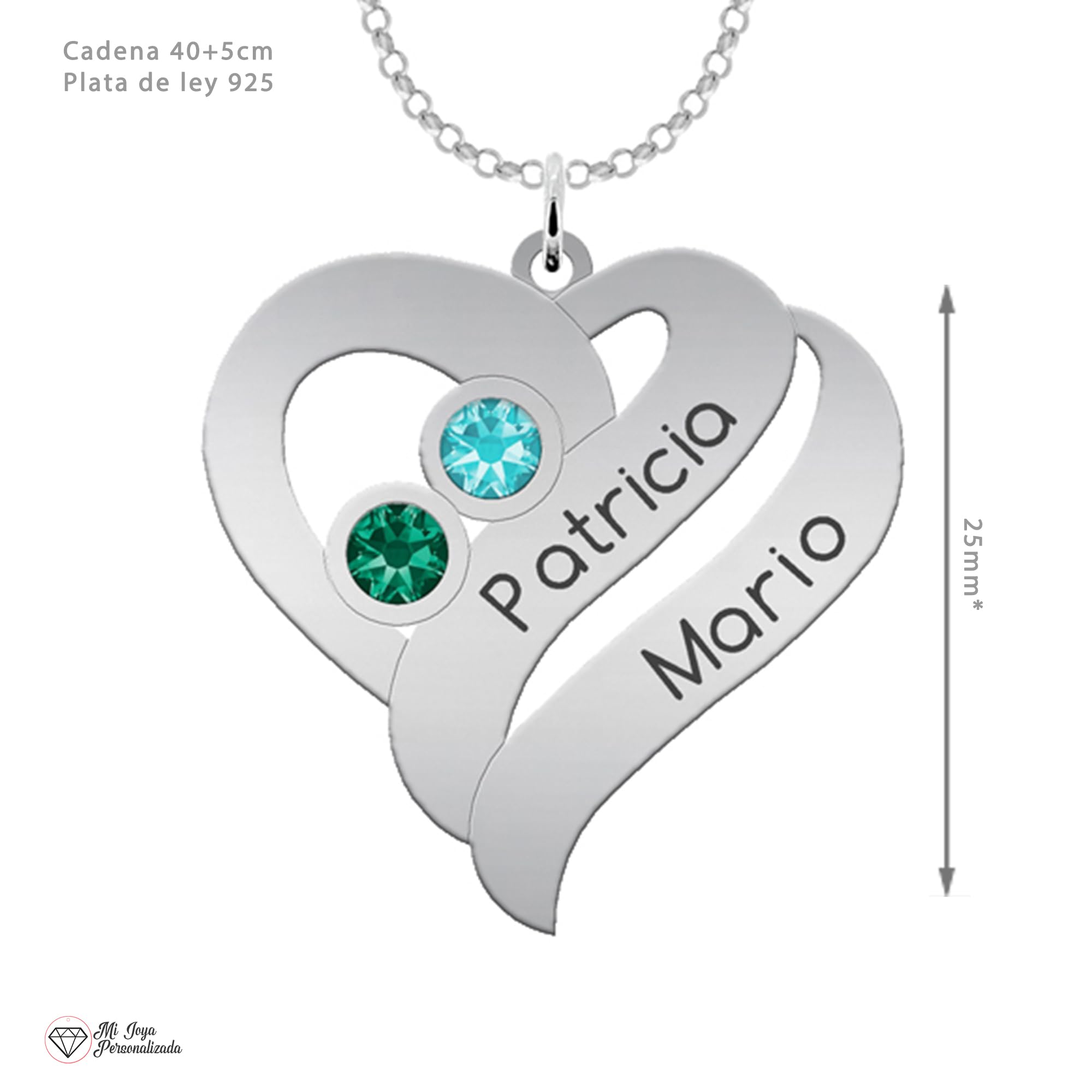 Collar Corazón Personalizado con Nombres y Piedras de Nacimiento - Colgante Mujer Plata - Regalo Perfecto en San Valentín para Parejas y Enamorados