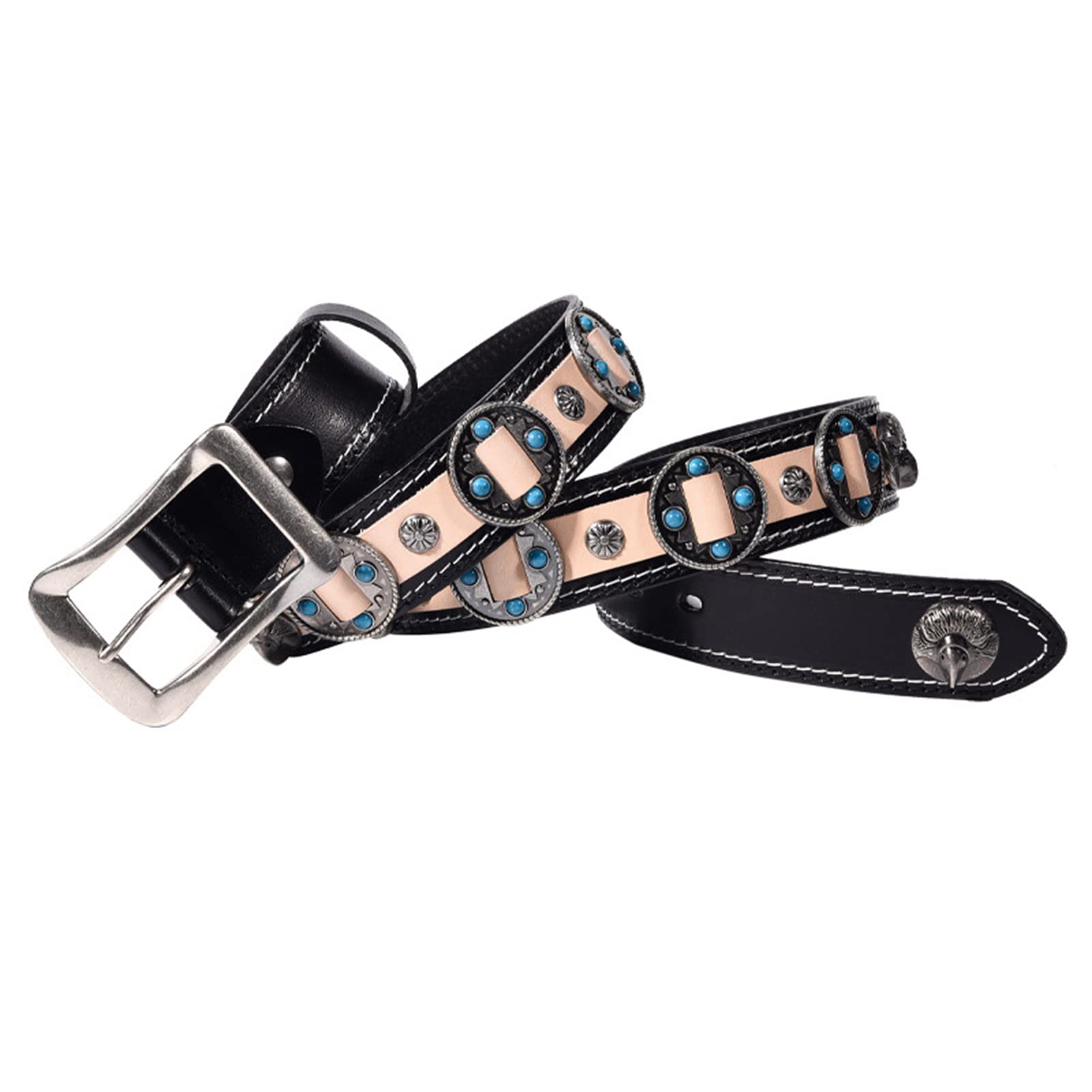 Cintura western in vera pelle per uomo e donna turchese intarsiato con borchie d'aquila con fibbia per cowboy e cowgirl stile country, larghezza 38 mm