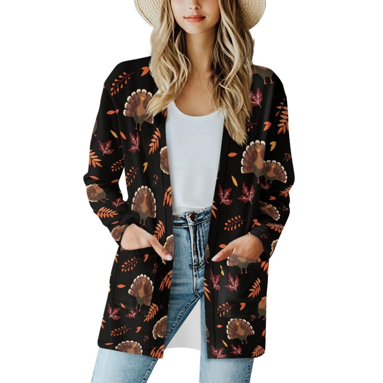 Fall Maple Leaf Cardigan Sweaters for Women Long Sleeve Cardigan Soft Drape Open Front Dusters V-Neck Jackets Dressy