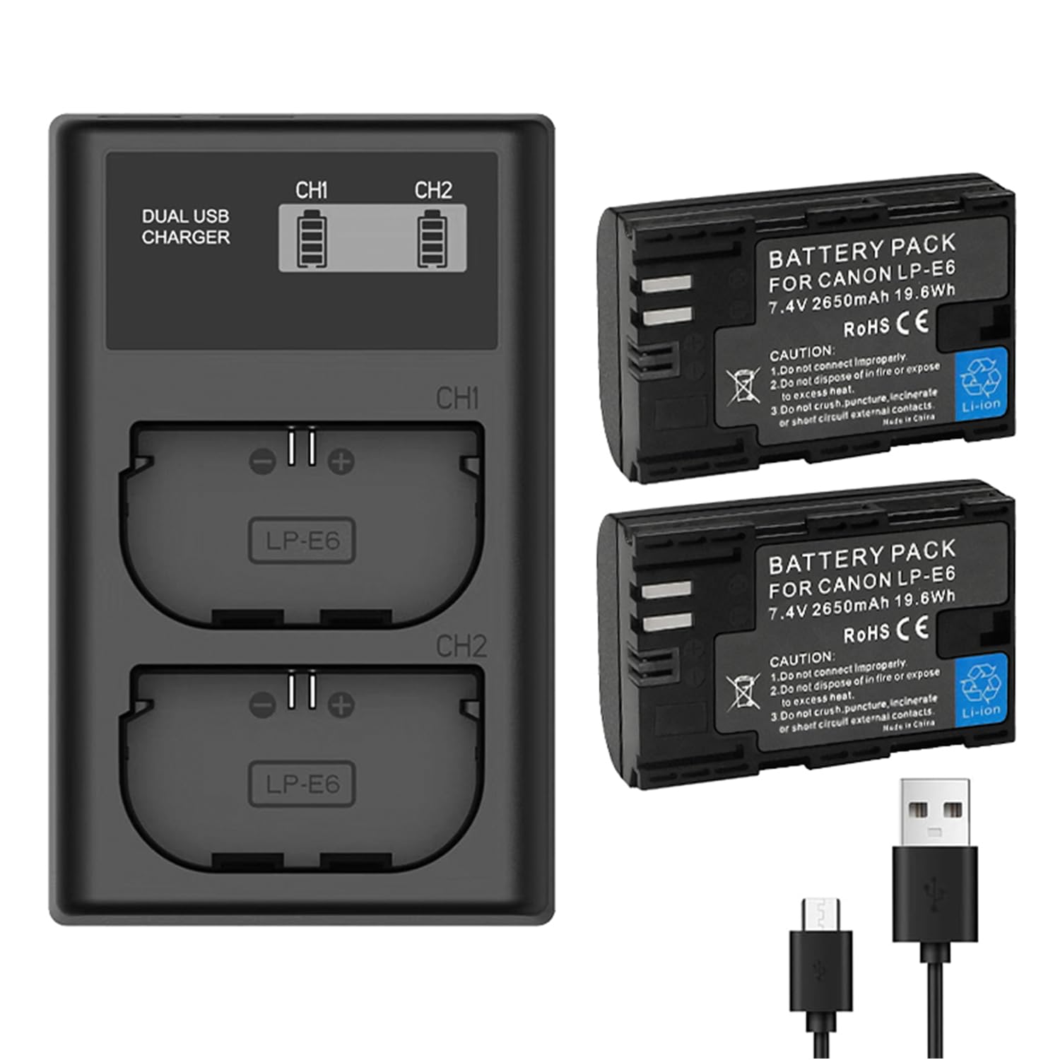 2 Pack LP-E6 LP-E6N Replacement Batteries and Dual USB Charger