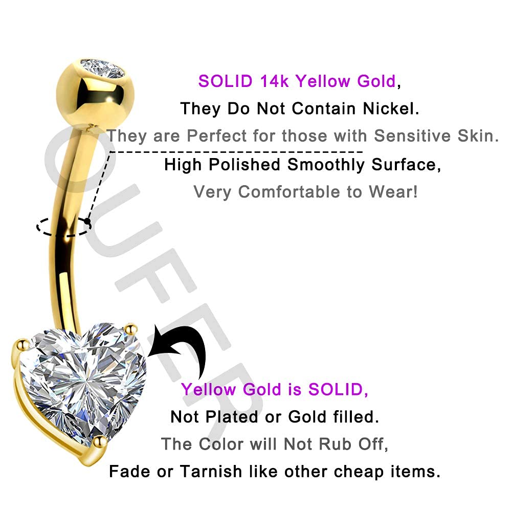 OUFER 14K Gold Heart Solitaire Cubic Zirconia Belly Button Rings Navel Bars Body Piercing Jewellery Valentine's Day Gifts in 14Gauge for Women