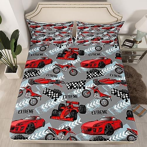 Erosebridal Red Racing Car Twin Fitted Sheet for Boys Cartoon Dirt Bike Sheets, Extreme Sports Bed Sheets Grey Red Gray Black Bed Cover, Sports Car Race Car Bed Set (Deep Pocket)
