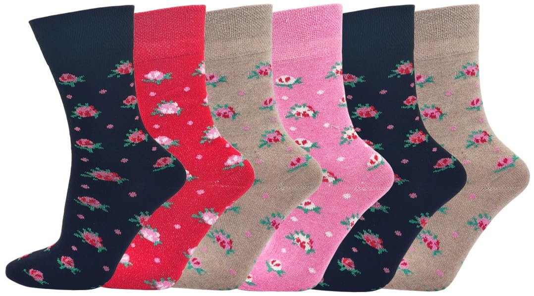 SOCK-TEC 6 Pairs Ladies Non Elastic Socks Diabetic Friendly Soft Cotton Wide Loose Top Grip