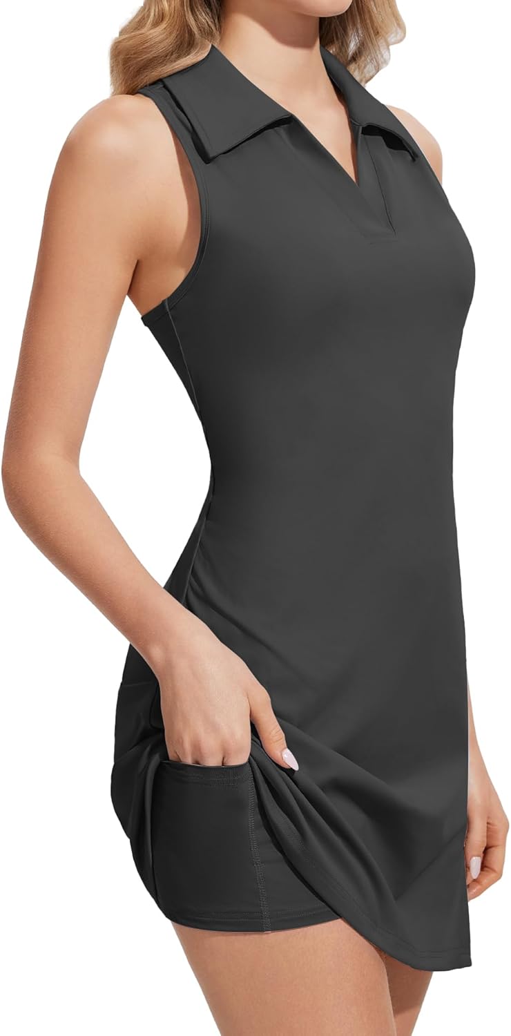 Women's V-Neck Tennis Dress Sleeveless Work Out Golf Dress for Pickleball Built-in Shorts with Pockets