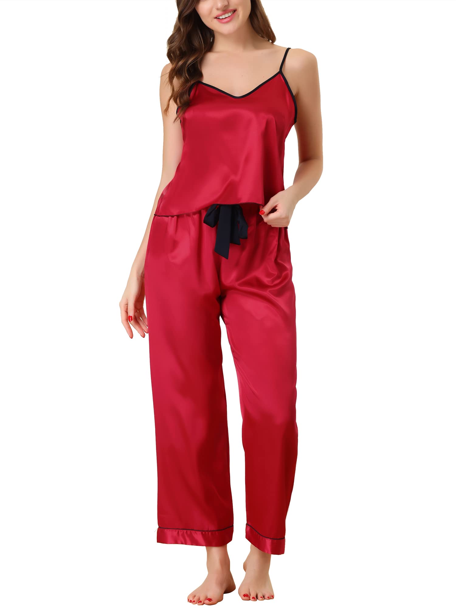 Cheibear Women's Red Camisole Cami Pants Sets Sleepwear Nightwear Satin Pajama Party Silky Summer Pajamas Set S