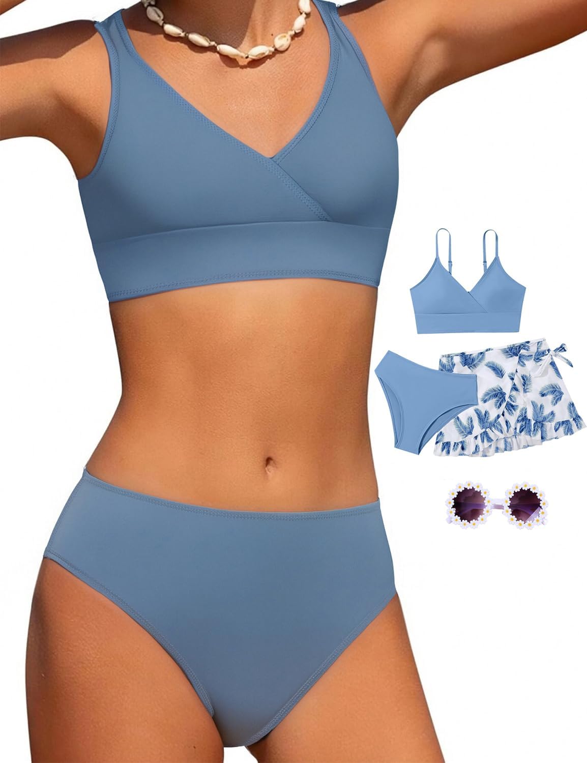 Girls Swimsuit, 3 Piece Bathing Suits V-Neck Ruffle Floral Bikini Set with Skirt Sunglasses Cute Teen Kids Swimwear 8-15T