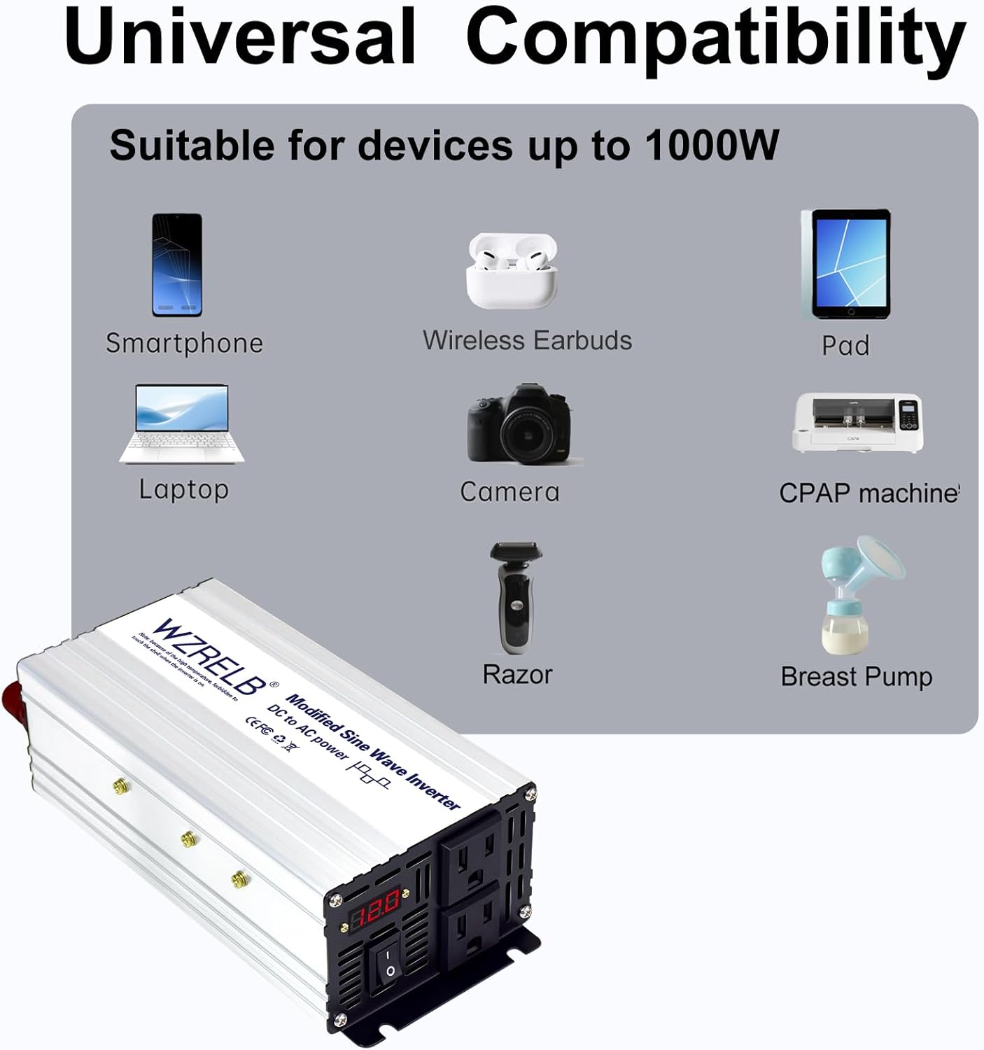 WZRELB 1000W Power Inverter 24V DC to 110V 120V AC,2000W Peak Modified Sine Wave Car Inverter with LED Display,Dual AC Outlets,Soft Starter,Off-Grid Power Converter with High Efficiency up to 90%