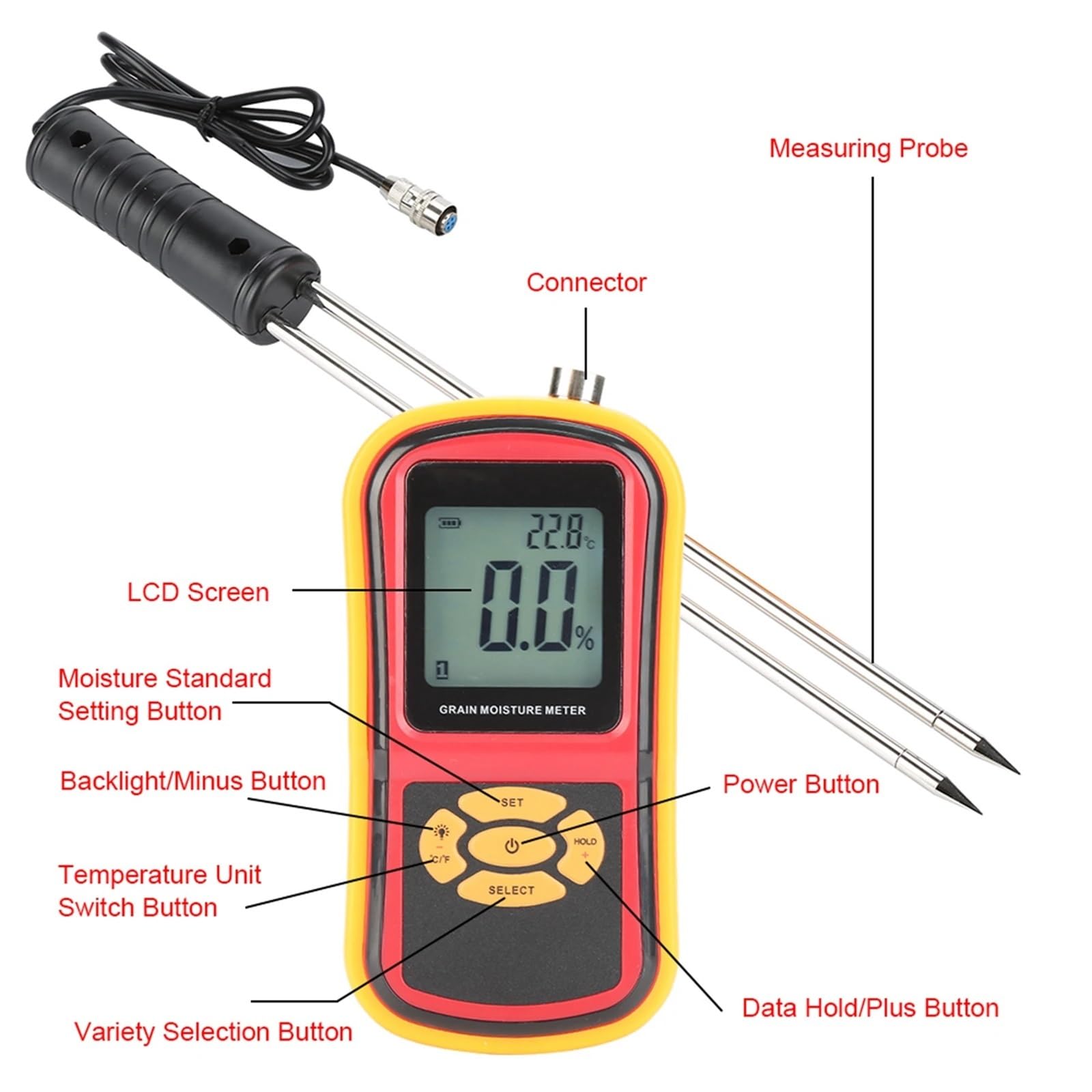 Feuchtigkeitsmessgerät, Tragbares digitales LCD-Feuchtigkeits- und Temperaturmessgerät for Getreide, Weizen, Reis, Mais Bohnen, LCD-Feuchtigkeitsmessgerät, Feuchtigkeitsmessgerät