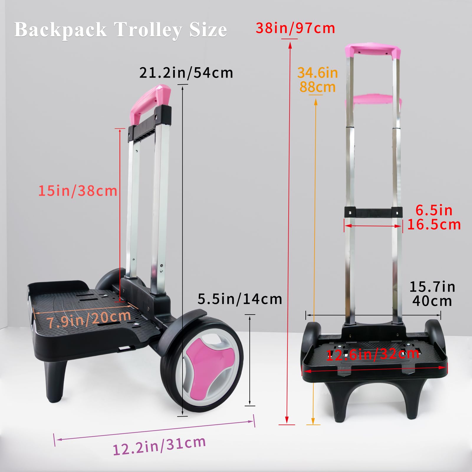 Carrello trolley con ruote per salire le scale, telaio pieghevole in alluminio, manico regolabile e capacità di 34,9 kg, ruote grandi silenziose con paraspigoli, colore rosa, adatto per borse da