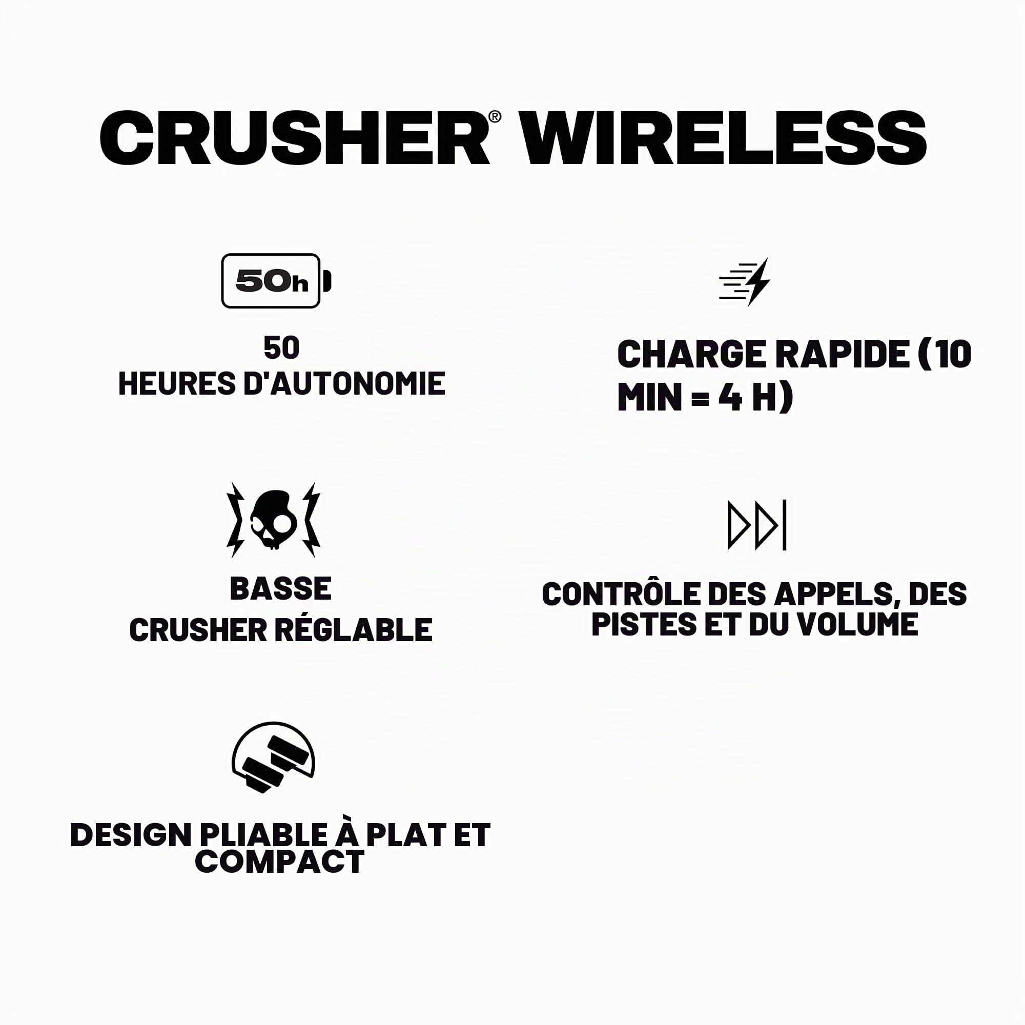 Skullcandy Crusher Evo Casque Supra-Auriculaire sans Fil avec Basses Sensorielles, Autonomie 40 h, Microphone, Compatible iPhone + Android + Appareils Bluetooth - Noir (n’est Plus fabriqué)