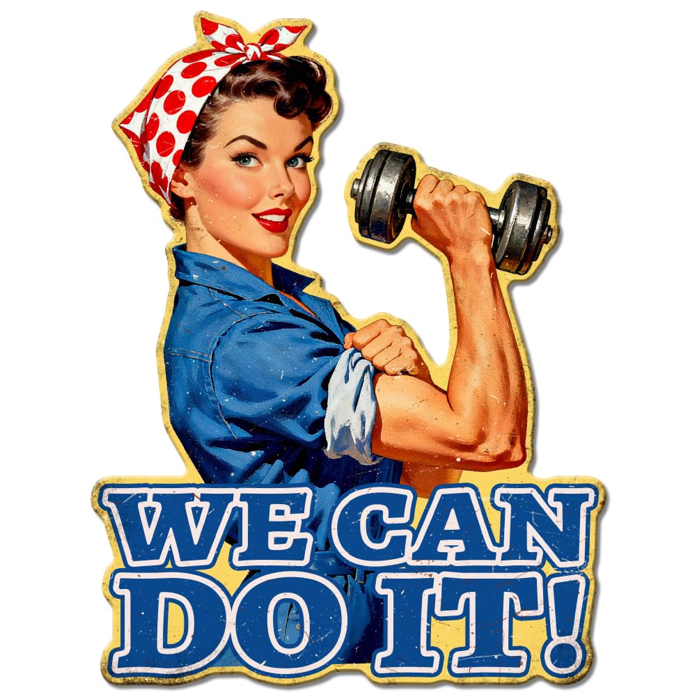 GLOBLELAND Fitness Lady Vintage Metal Tin Sign 10.63x8.11 inch Pin Up Lady Plaque Wall Decoration Funny Dumbbel Metal Wall Art Decor for Gym Home Living Room Office Recreation Room Studio