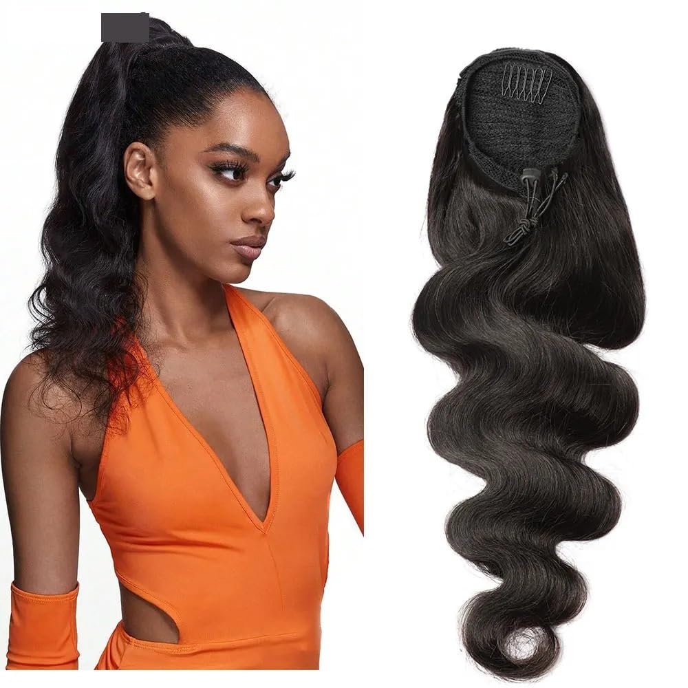 Health Body Wave - Extension a coda di cavallo in capelli veri per donne, colore nero naturale, per clip, con coulisse (100 g)