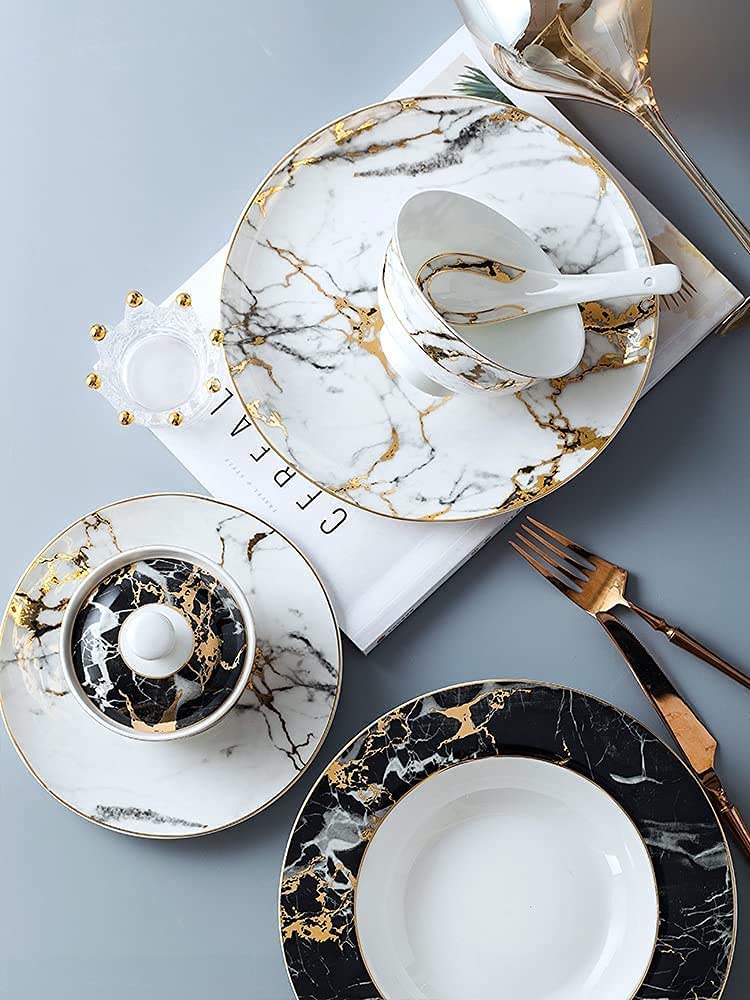 Zestawy zastawy stołowej zestaw naczyń, 72 szt. Phnom Penh marmurowa porcelana kostna zastawa stołowa miski naczynia cienka porcelana kostna zestaw naczyń serwis dla 10 (