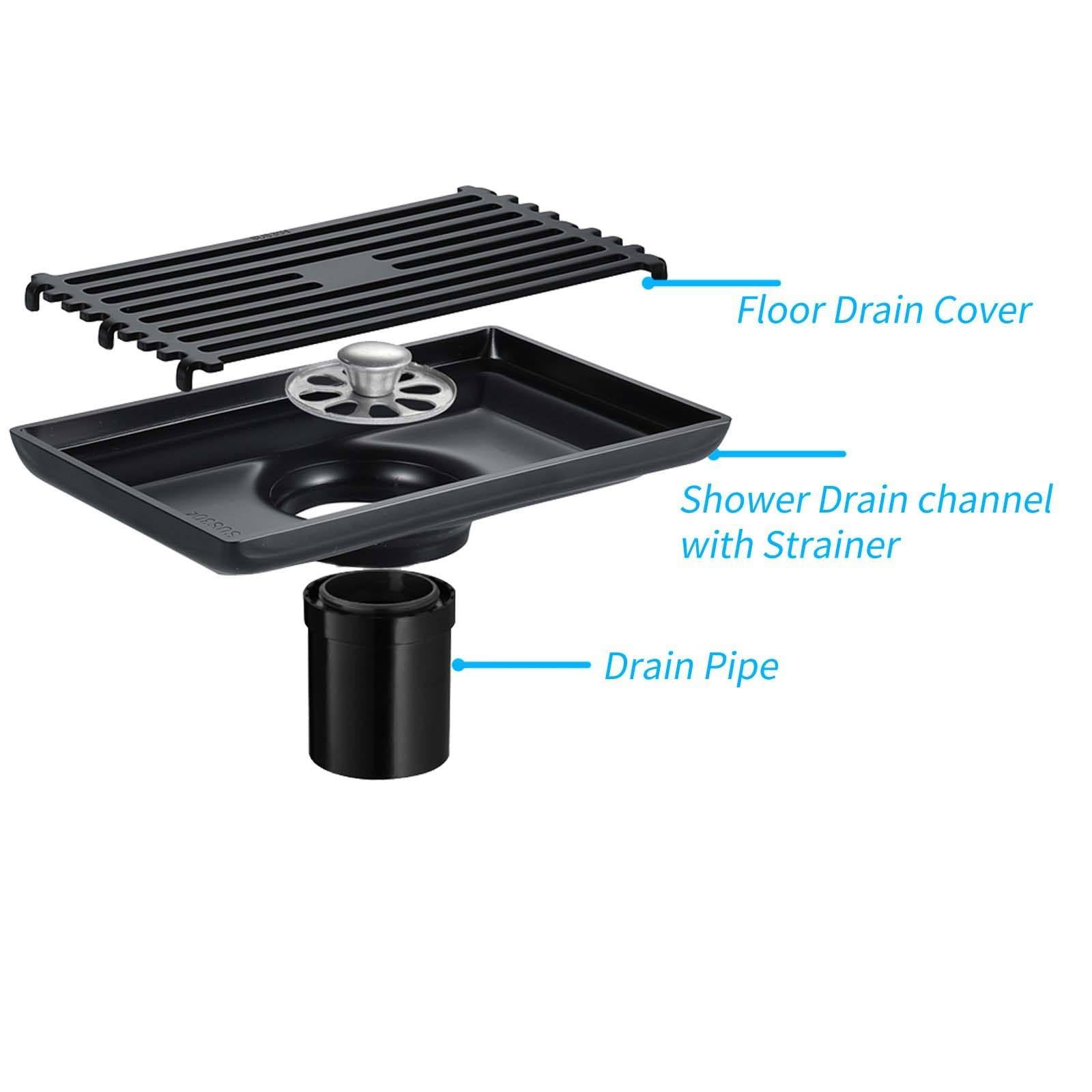 Bonde Douche Acier Inoxydable Siphon Douche Rectangle Bonde de Douche Amovible Bonde Douche Extra Plate Noir Siphon de Sol 145 * 90mm Convient pour Balcon, Salle de Bain, Cuisine