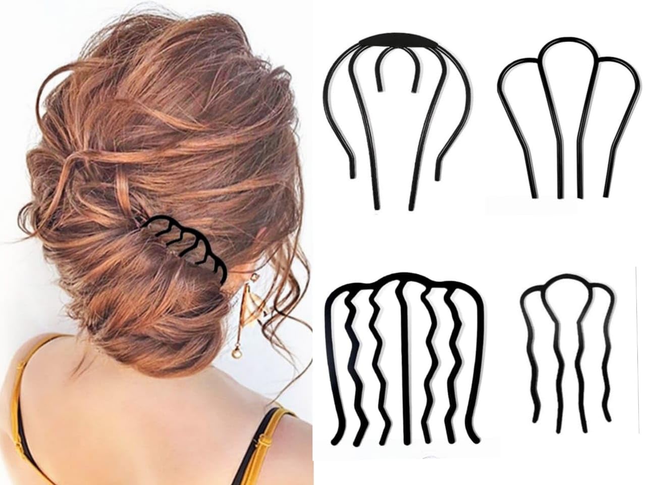 Miss Lirenn® Metal Hair Side Combs Fork Clips, Set of 3 U-Shaped Prongs, 5-8 cm Width, Black, Hair Bun Styling Accessories for Women (Black)