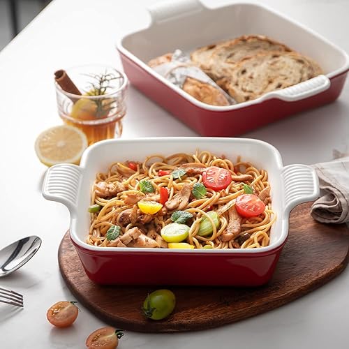 Miniatura 4 de SWEEJAR Plato de cerámica para hornear, molde para hornear pasteles de 8 x 8 pulgadas para brownie, utensilios cuadrados de porcelana con doble asa