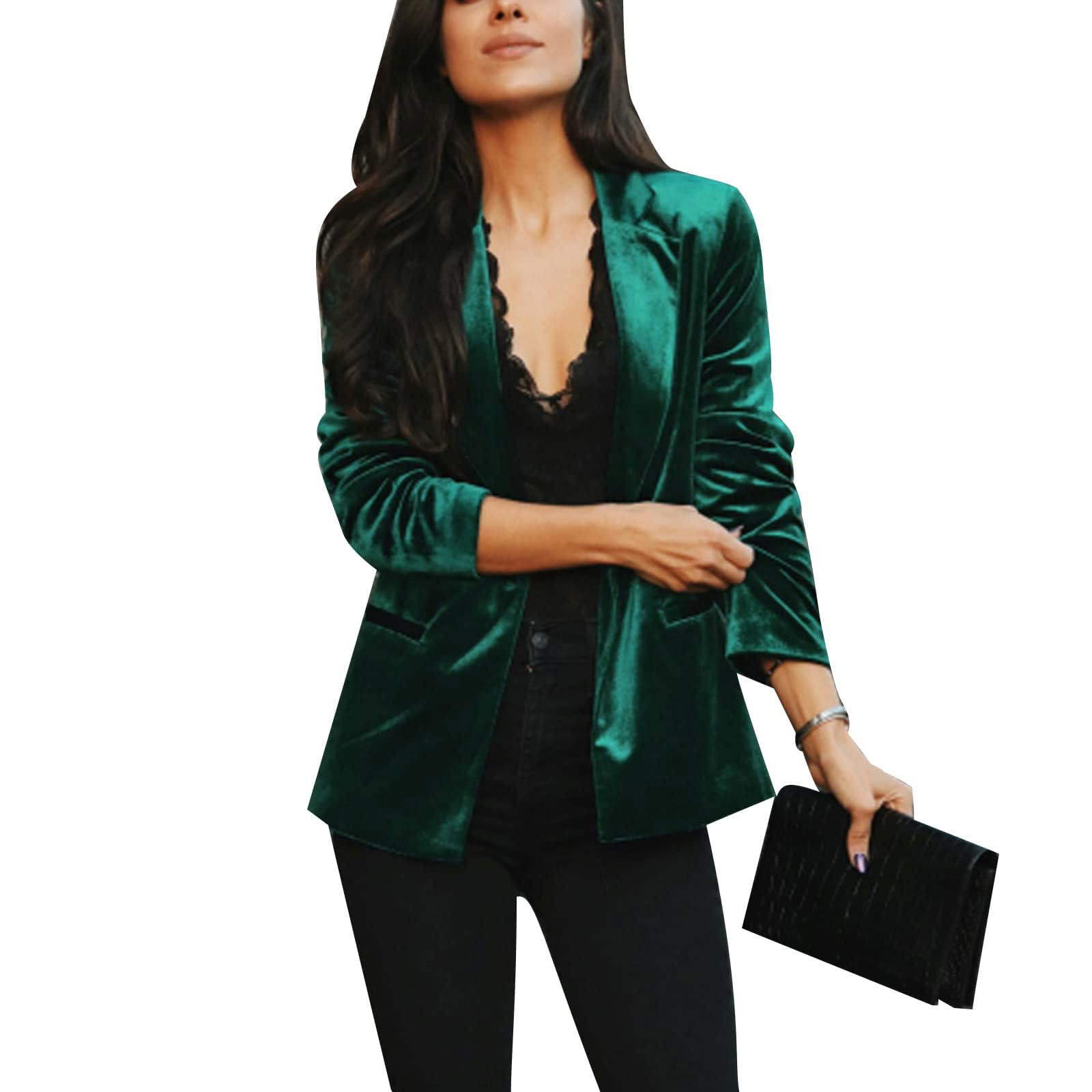 MINTLIMIT Ladies Casual Tailored Jacket Coat Lapel V Neck Button Down Blazer Jackets with Pockets Green 2XL