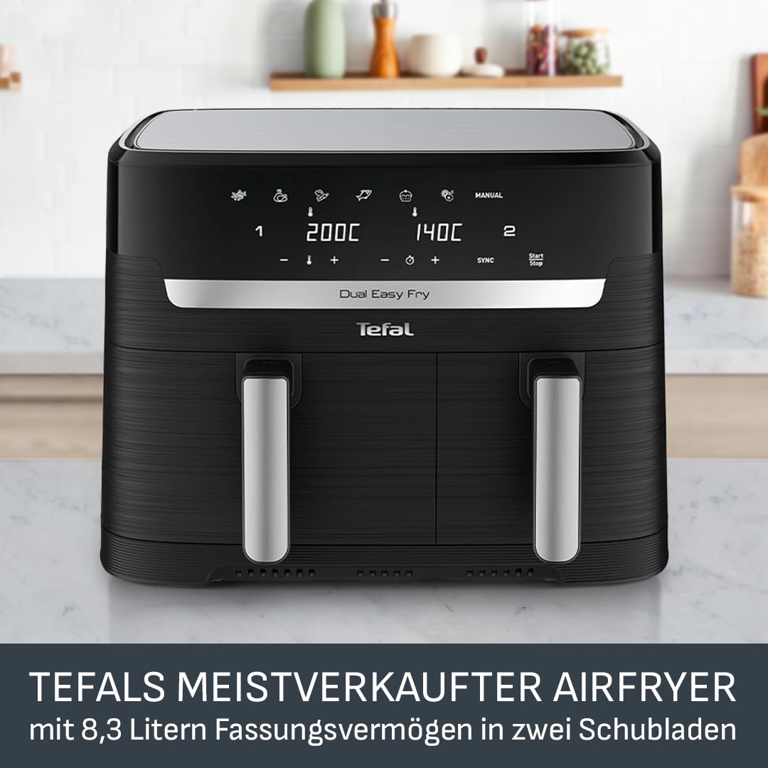Tefal Tefal Dual Easy Fry Heißluftfritteuse 8,3 L – Airfryer mit 2 Kammern & XL-Schublade, 7 Programme, 2700 W, Extra-Crisp-Technologie, fettarm frittieren & energiesparend, spülmaschinenfest EY9018 in use