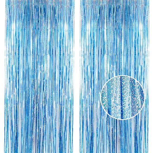 Cortinas de oropel, azul bebé con purpurina, 1 x 2,5 m, telón de fondo para fiestas y fotos, decoración para cumpleaños, escuela, graduación, fiestas de chicos, 2 unidades