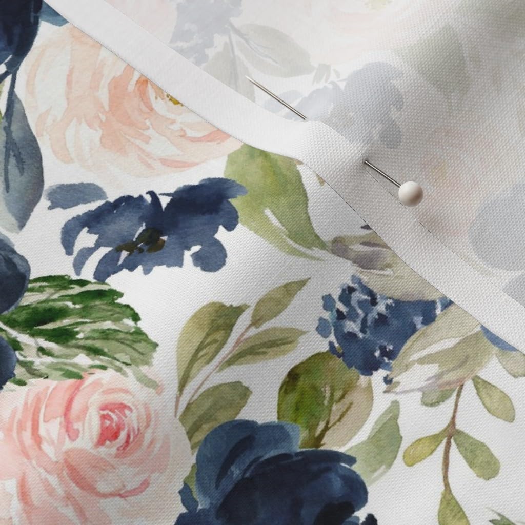 Spoonflower Fabric - Beach Blossoms White Flowers Floral Rose Navy Spring Roses Blush Printed on Petal Signature Cotton Fabric by The Yard - Sewing Quilting Apparel Crafts Decor