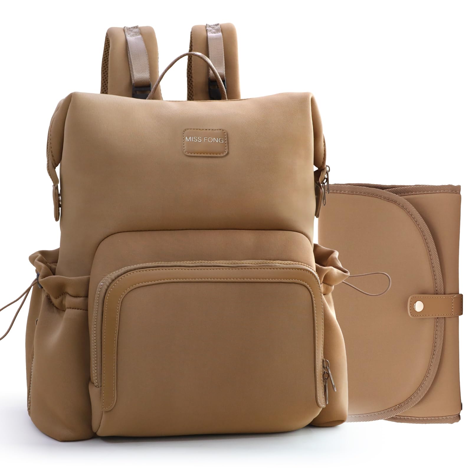 MISS FONG Changing Bag Backpack, Baby Bag Backpacks Neoprene Baby Changing Bags Nappy Maternity Bag Travel Large Capacity with Changing Mat Stroller Insulated Pockets 12 Pockets for Mom & Dad-Brown
