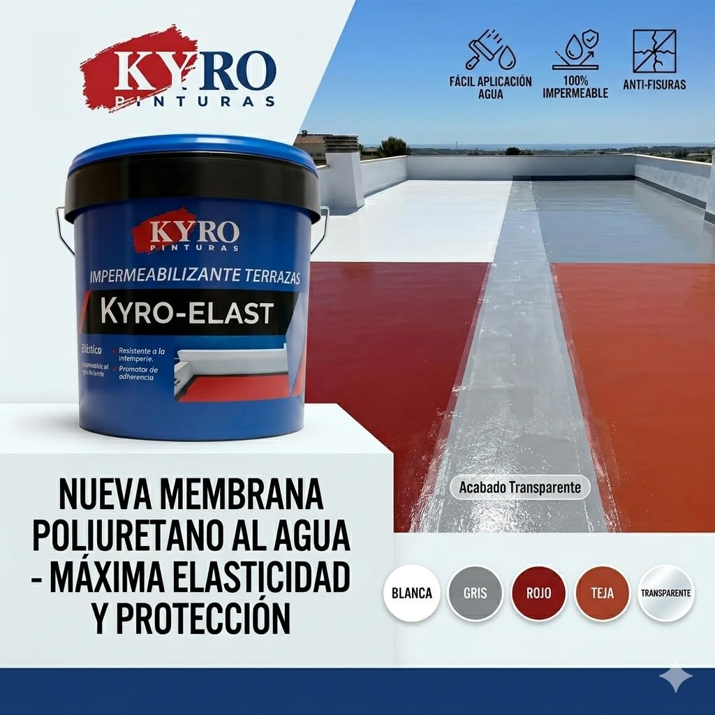 Membrana de Poliuretano al Agua (Color Transparente) - Impermeabilizante de Alta Resistencia para Terrazas, Tejados - 14L, 4L y 750ml (4 Litros)