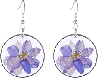 Multicolor Larkspur Dried Natural Real Flowers Round Shaped Simulated Resin Drop Dangle Hook Earrings