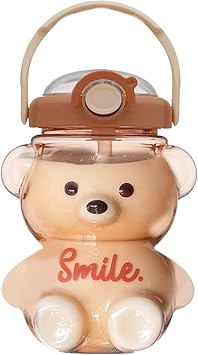 Kawaii Water Bottle with Straw and Strap, 1L Cute Bear Water Bottles Portable Leakproof BPA-Free Plastic Drinking Cups for Kids Girls Women Sports Camping Picnic Hiking Travel, Sports