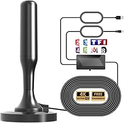Antenne TV intérieur, Antenne TV Intérieur Puissante TNT HD, Antenne TNT Intérieur Amplifiée pour Téléviseur Intelligent, Antennes TNT 4K 1080P pour Chaînes Locales, Base Magnétique, Câble 3m (Black)