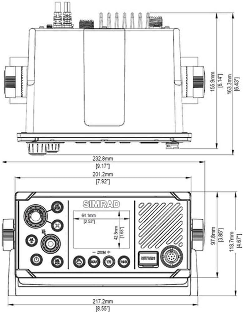 Technical drawing showing the dimensions of the Simrad RS40-B VHF radio in millimeters and inches.