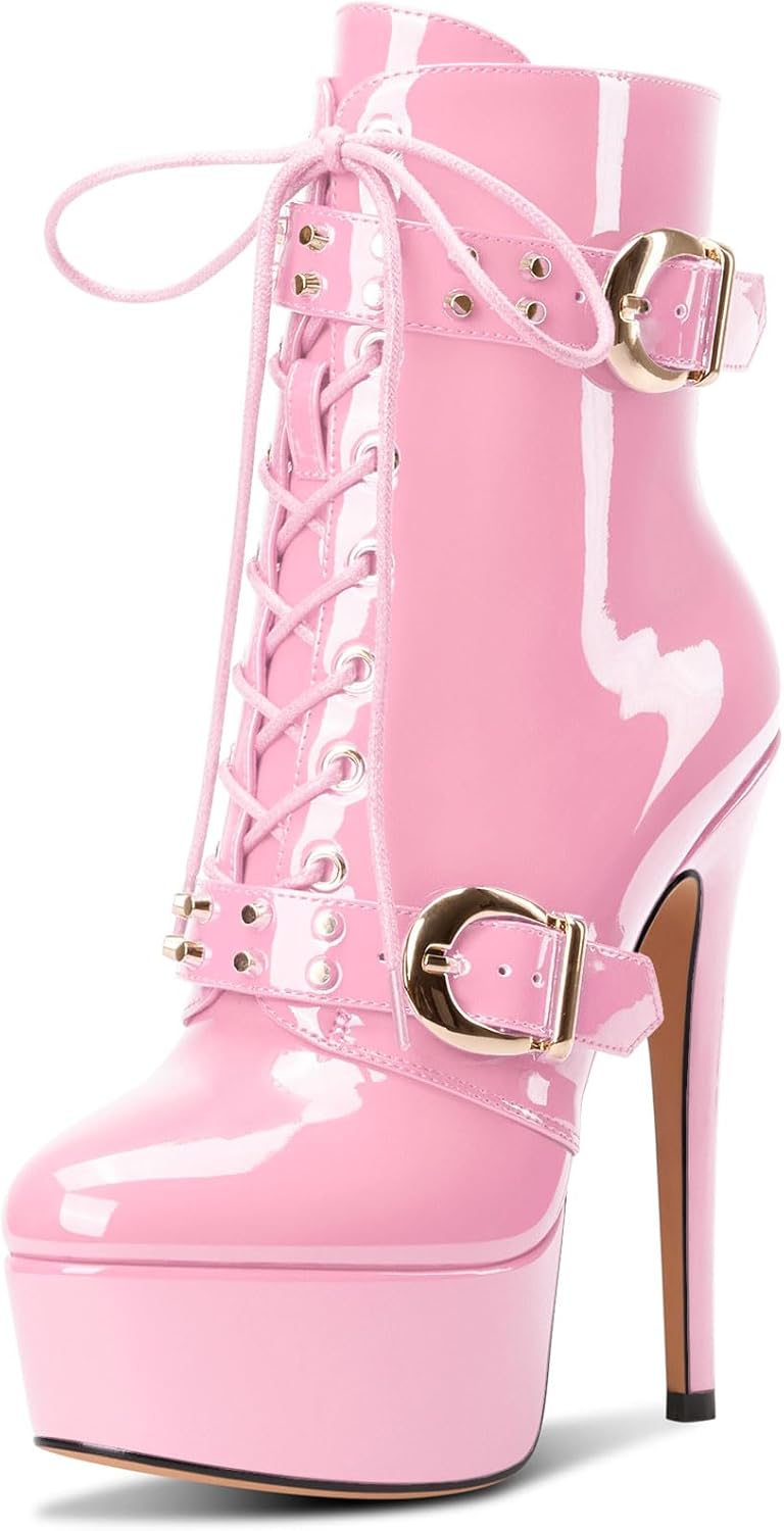 Aachcol Womens Patent Leather Platform Ankle Boots Lace-up Stiletto High Heel Buckle Zipper Short Booties Prom Dress Shoes 6 Inches Heels