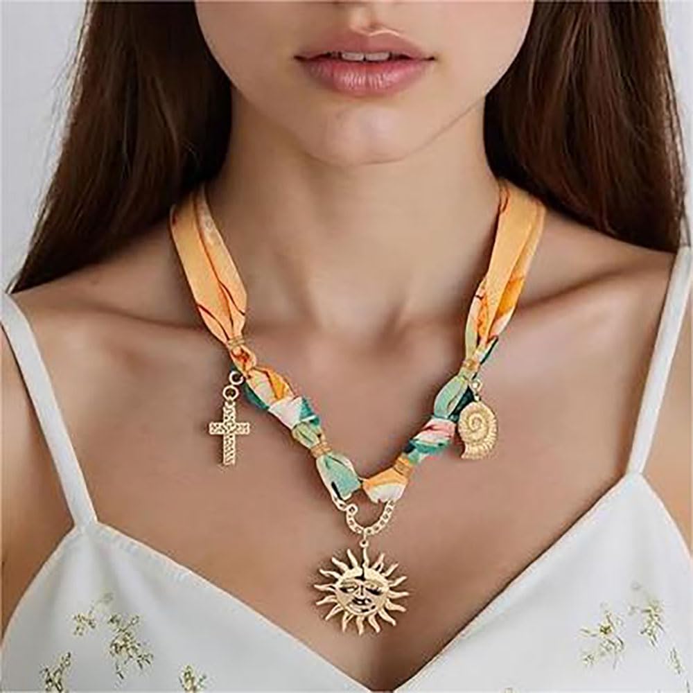 Scarf Ocean Necklace For Women Adjustable Charm Silk Tie Choker Necklaces Boho Sun Conch Fish Pendant Scarf Necklaces Dainty Beach Jewelry For Women - Image 2