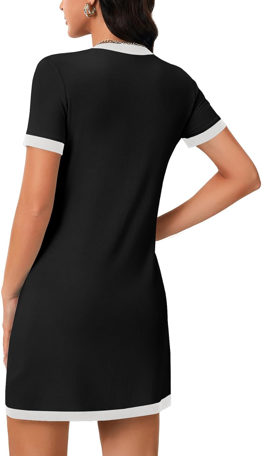 Rooscier Women's Short Sleeve Color Block Dress Button Bow Elegant Formal Work Mini Dress - Image 5