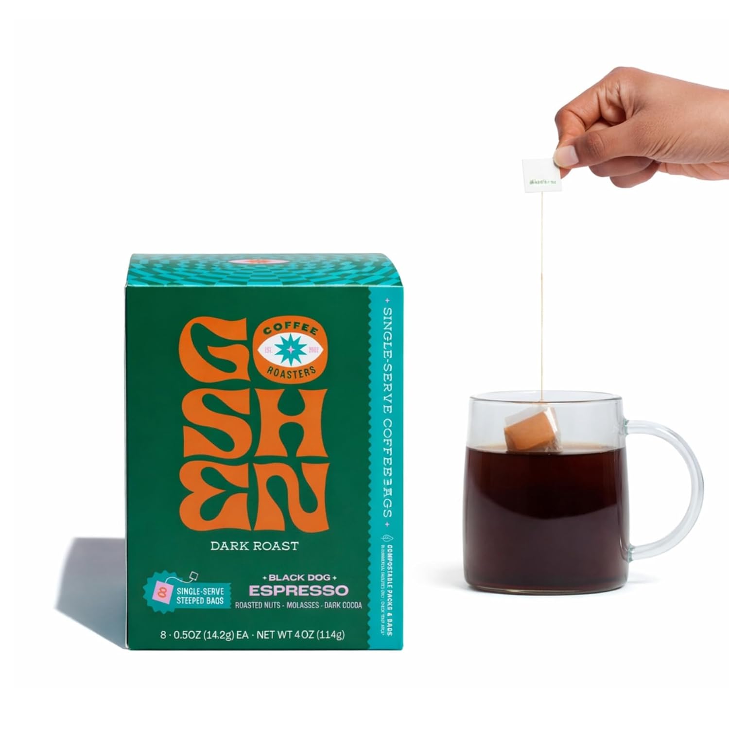 Goshen Coffee Roasters Single Serve Black Dog Espresso Blend | Dark Roast Roast | Roasted Nuts, Molasses, Dark Cocoa Flavors | 8 CT 4 Oz "Steeped" Single Serve Quick-Brew Coffee Bags