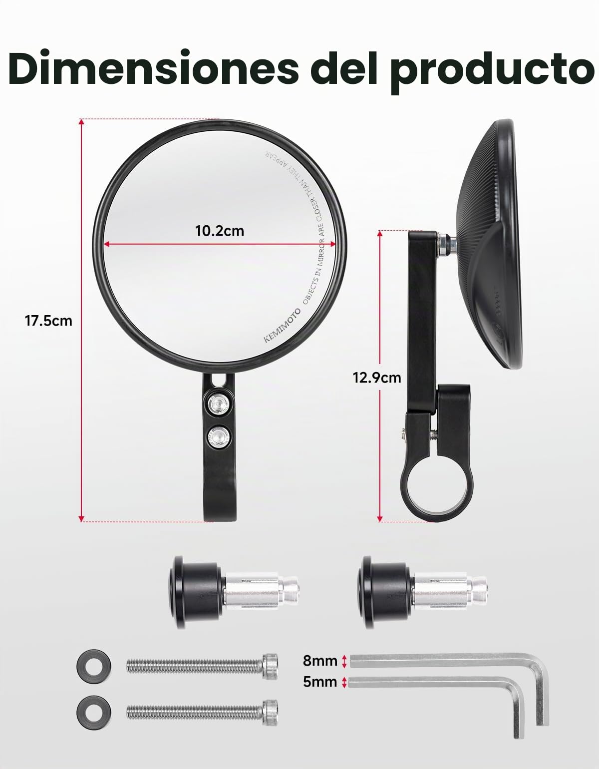KEMIMOTO Espejos Moto de Extremo de Manillar, Retrovisores de Manillar con Certificación E-Mark, Giratorios 360°, Espejos Laterales de 7/8" (22 mm), Compatible con Scooters y ATV (2 piezas)