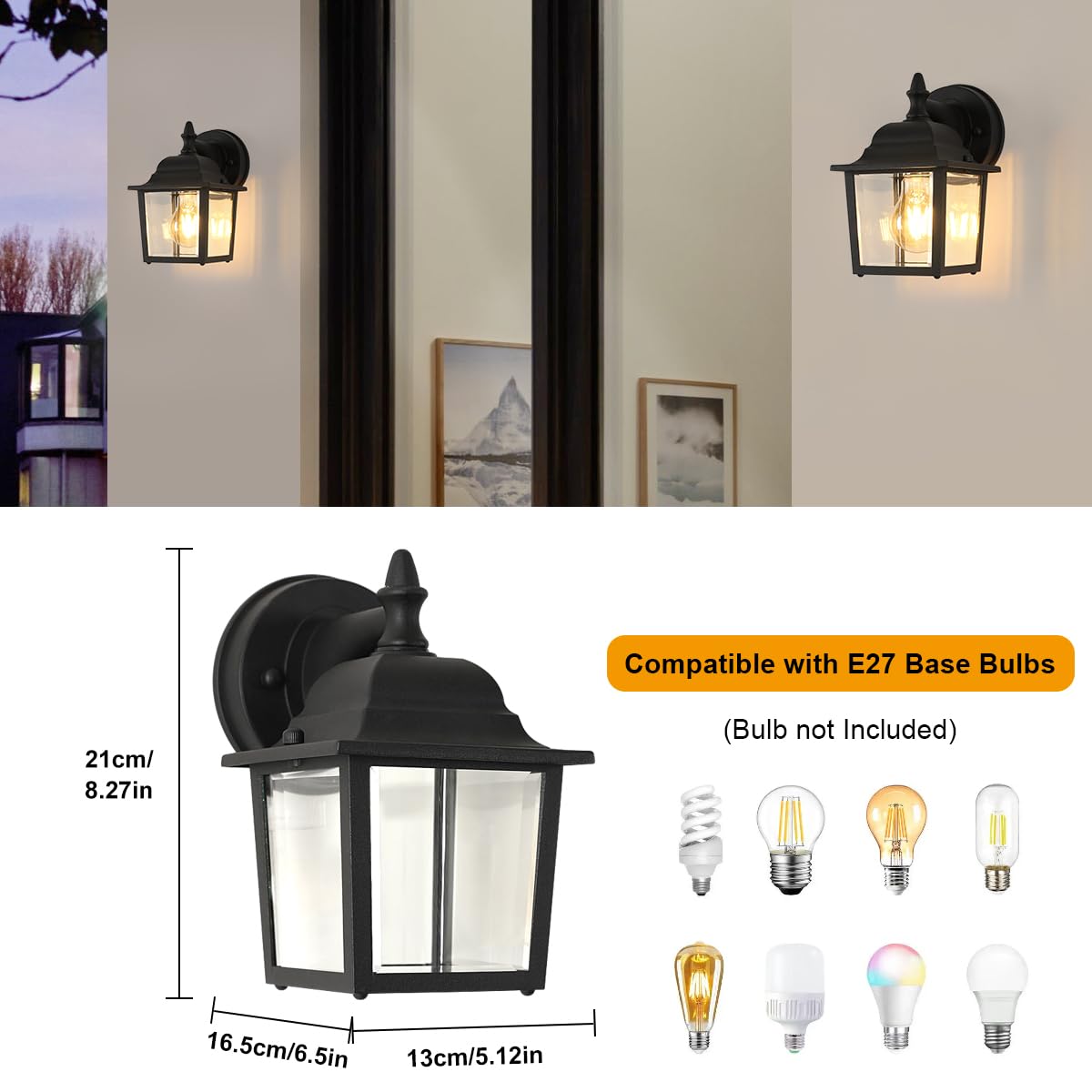 FTL Applique da Parete E27 Esterno, Max 60W, Luci da Esterno a Parete in Vetro, Moderno Lampade da Esterno Giardino, Impermeabile IP44 Lampade Lanterna da Esterno per Ingresso Terrazza Corridoio, Nero