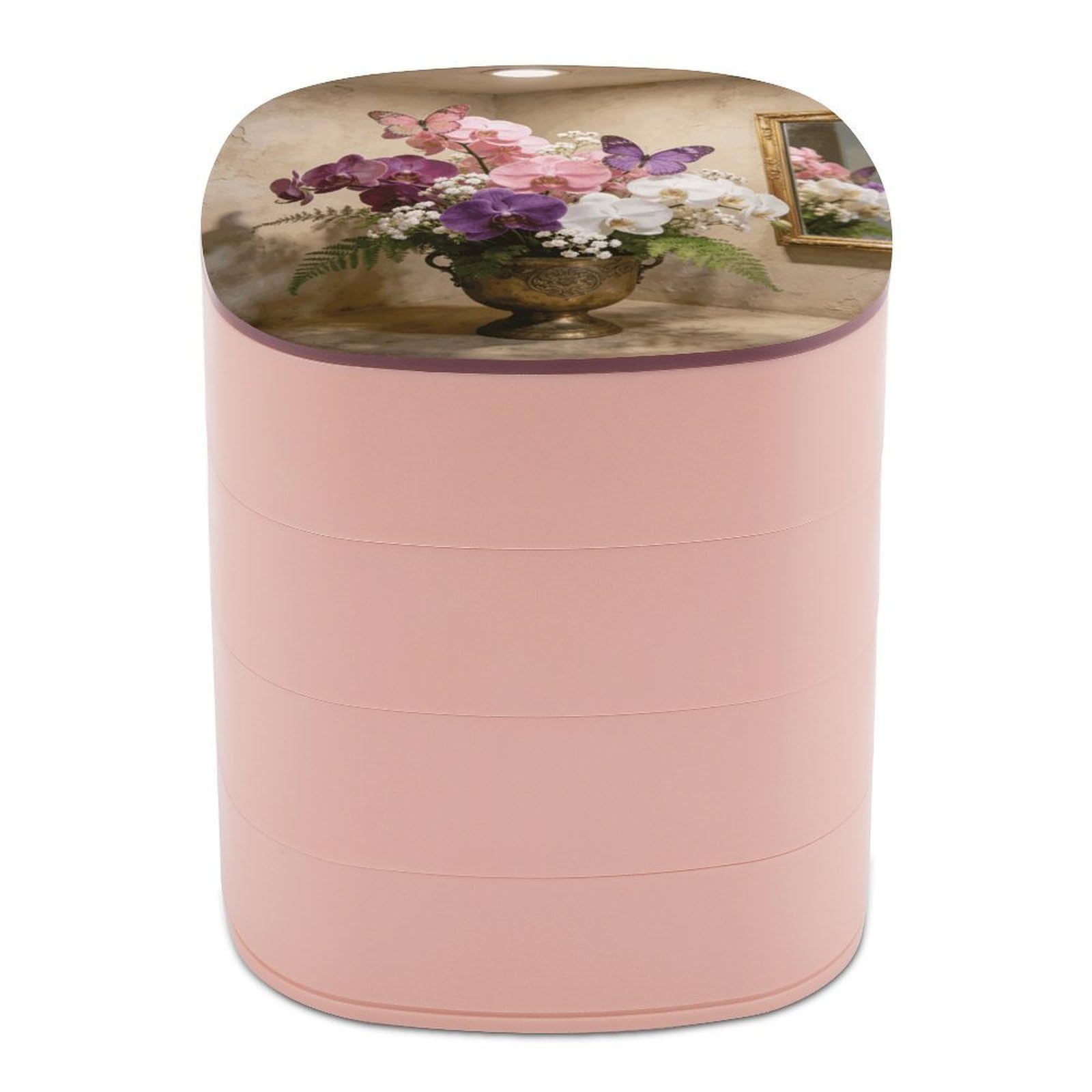 VstaDank Aesthetic Butterfly Orchid Jewelry Box 360° Rotatable Jewelry Organizer 4 Layers Jewelry Case with Lid Fashion Portable Earring Holder for Bracelets Rings Bracelets Vanity