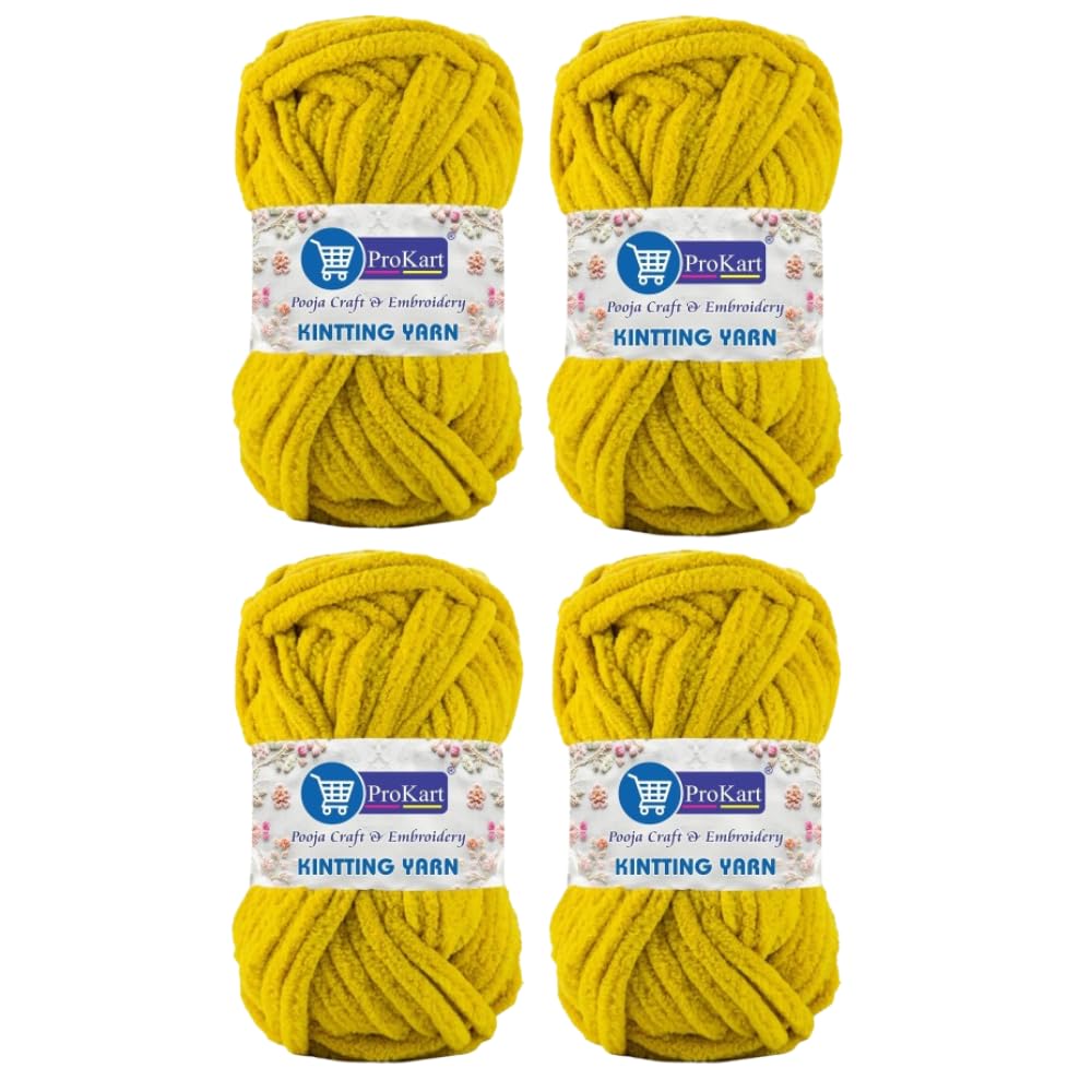 ProKart Premium Blankie Wool, Plush & Cuddly, Chenille Yarn Supersoft Hand Knitting Wool Ball | Blanket Thick/Mottu Yarn Ball Suitable for Hand Knitting and Crocheting for Baby, Adult, Sweaters, caps, Throws, Home Furnishing, Scarves, Blankets (Dark Yellow, 100gms x 4 Pack)