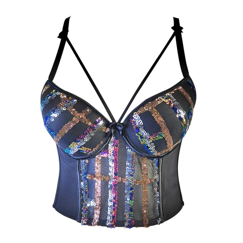 Reggiseno sexy da donna con cuciture in acciaio con ricamo in pizzo e paillettes top sottile per le donne, D, 5C