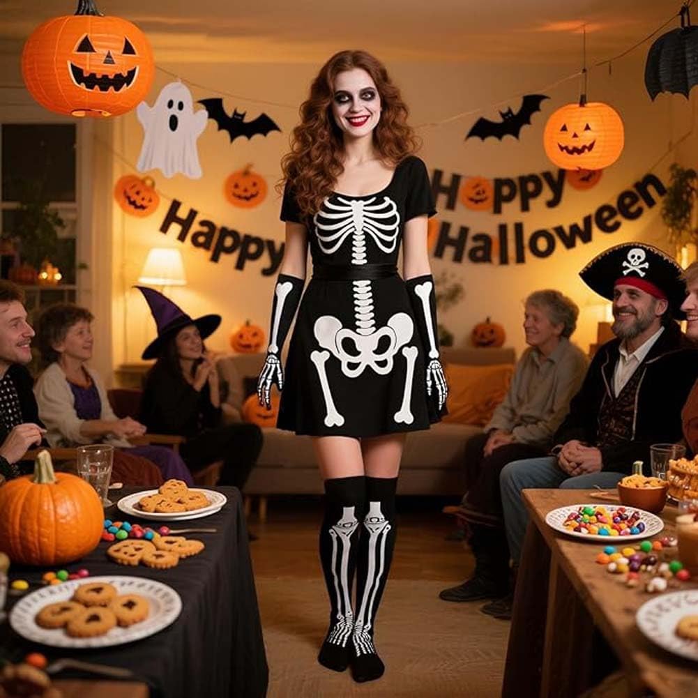 Halloween Skeleton Gloves Stockings Set Skeleton Knee Thigh High Stocks and Full Finger Bones Long Arm Gloves forHalloween Costume Party Cosplay