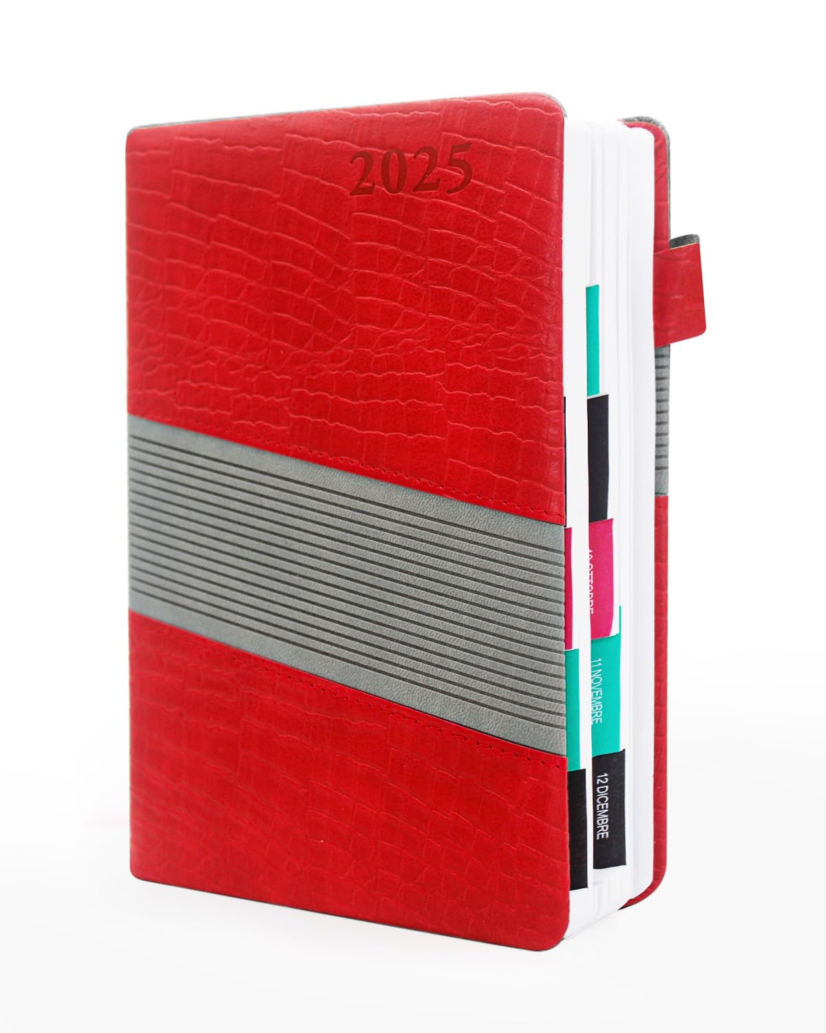 HW CASA Pelle PU Patchwork Bicolore Agenda 2025 Giornaliera,Una Sola Pagina per Un Solo Giorno,Formato A5,200 Pagine,Con Etichette Mensili Colorate e Piani Mensili,Con Passante per Penna (Rosso)