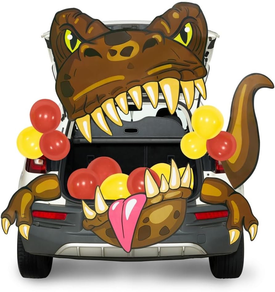 JOYIN Halloween Dinosaur Trunk Or Treat Car Decorations Kit for SUV Outdoor Indoor Decor Balloons T-rex, for Haunted House Door Archway Entryway with Tassels Paper Board Dot Glue