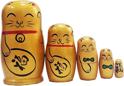 Miniatura 4 de Winterworm Maneki Neko Lucky Cat - Juego de 5 muñecas anidadas tradicionales rusas de madera dorada con carácter japonés chino Fu hecho a mano,