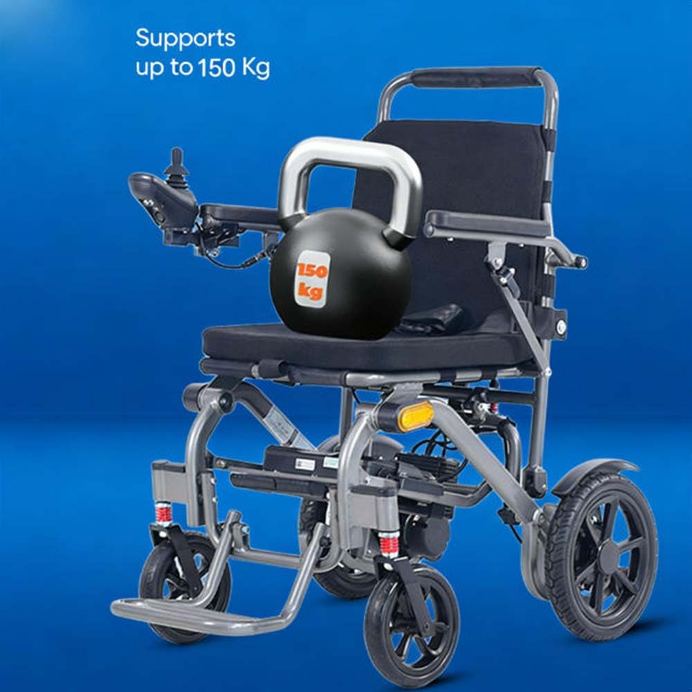 Silla de ruedas eléctrica plegable, portátil y ligera con barra de tracción: plegado rápido en 3 segundos, ruedas antideslizantes con amortiguación, capacidad de carga de 150 kg, diseño compacto para