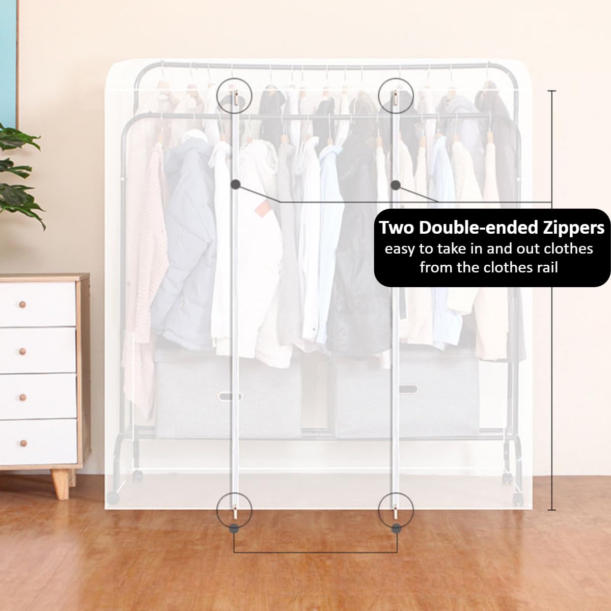 Housse de porte-vêtements – Protection translucide double tringle à suspendre avec fermeture éclair, housse anti-poussière réutilisable pour la maison, le magasin, le bureau