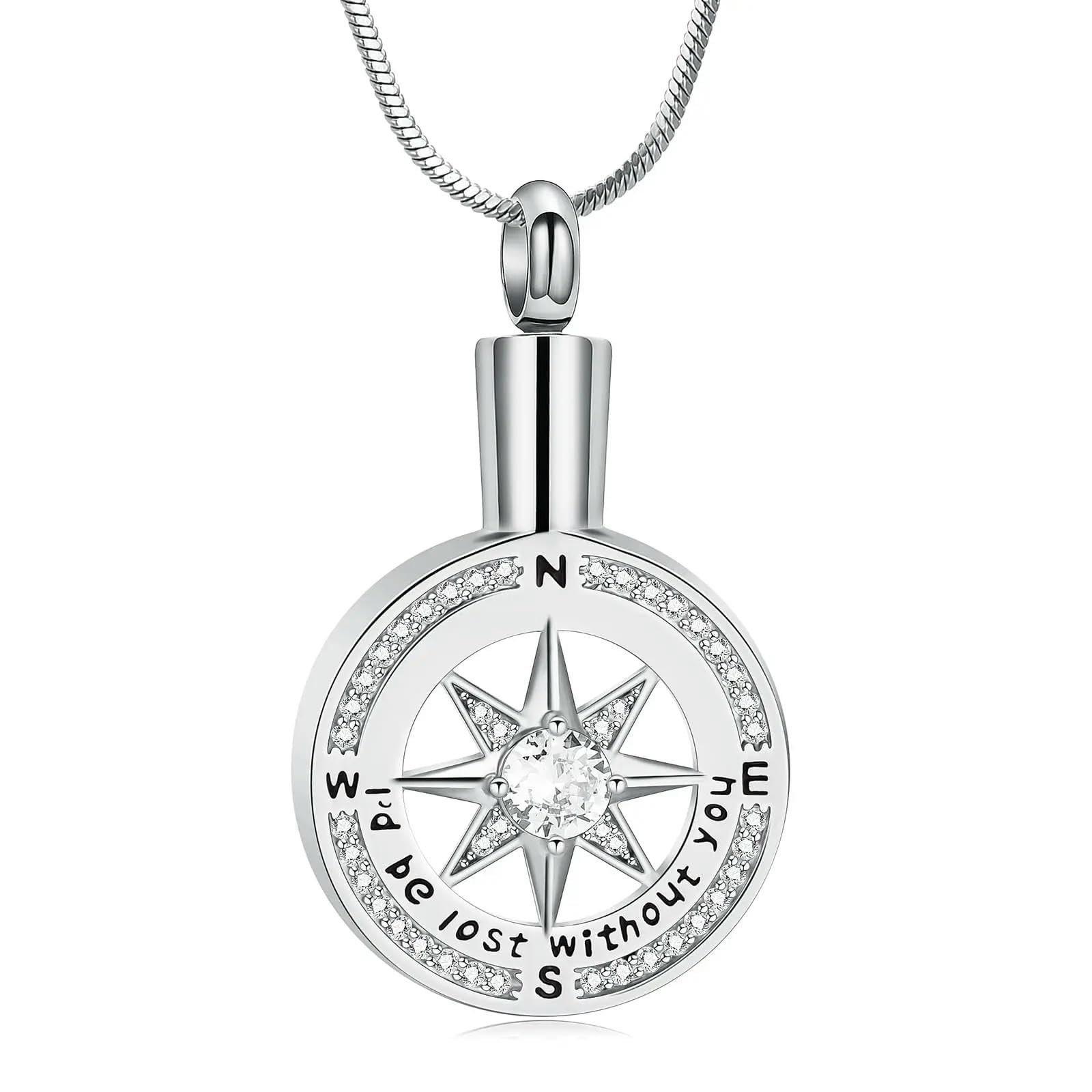ADENLA Compass Urn Necklace for Ashes Memorial Cremation Jewelry for Human Pet Ashes Bereavement Keepsake Pendant Locket-Sliver