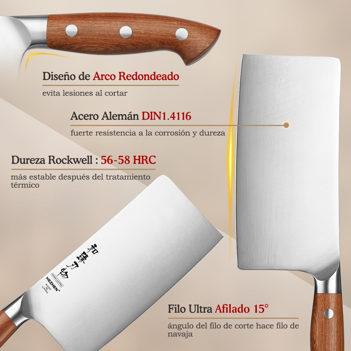 HEZHEN 18cm Cuchillo de Cocinero Chino Acero Alemán, Cuchillos de Carne Profesional, Cuchillos de Verdura y Fruta, Manico Ergonomico