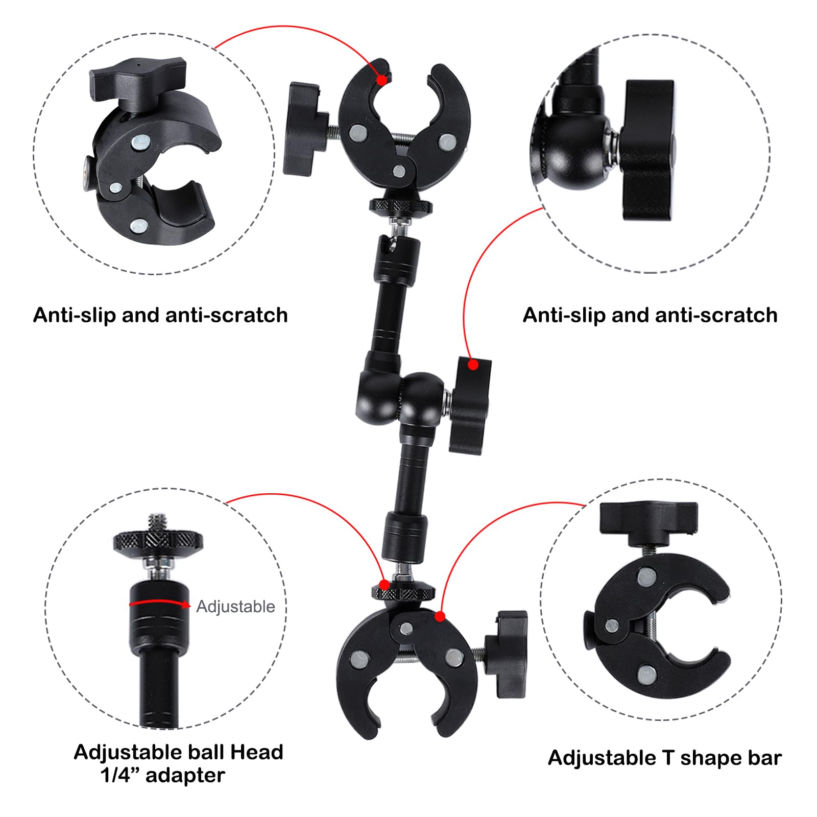 Kit de abrazadera de brazo mágico, brazo de fricción articulado para montaje de cámara con súper abrazadera, con tornillo de 1/10.2 cm-20 y agujero de rosca, para cámara, luz, monitor, cámara web o